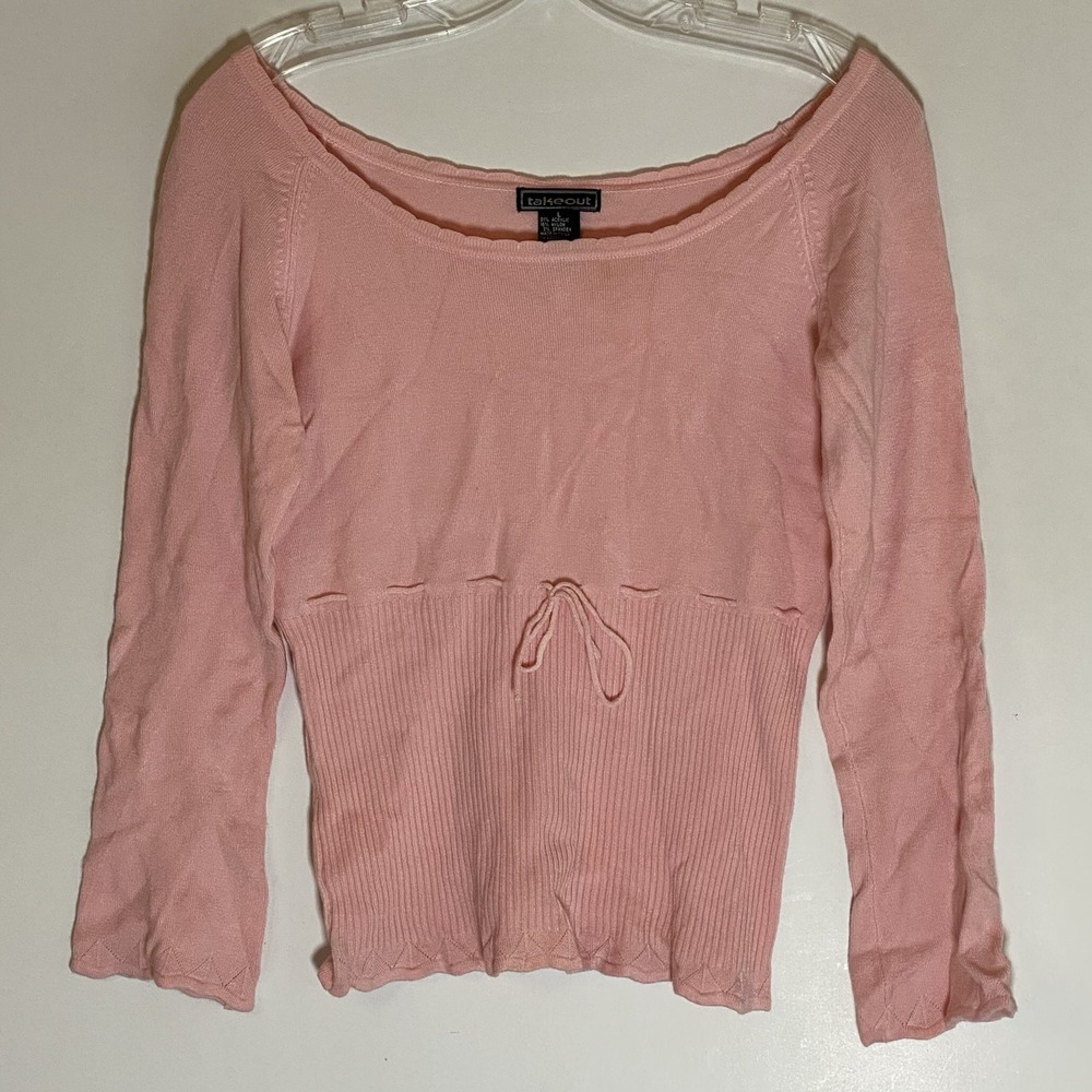 Takeout‎ Sweater Womens Large Pink Classic Boho Grannycore Bow Accent Ribbed L